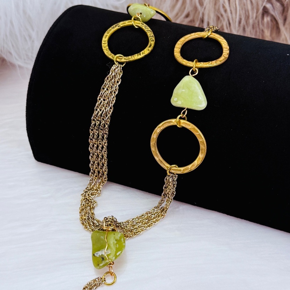 Vintage Long Gold Tone Statement Necklace Green Stone Accents Tassel